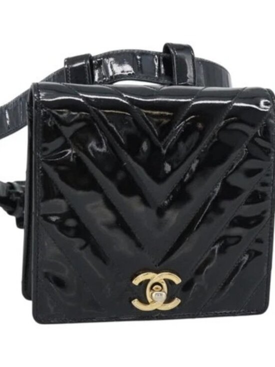 CHANEL Handbags - CHANEL V Stitch Waist bag Patent leather Black Gold CC Auth bs18829